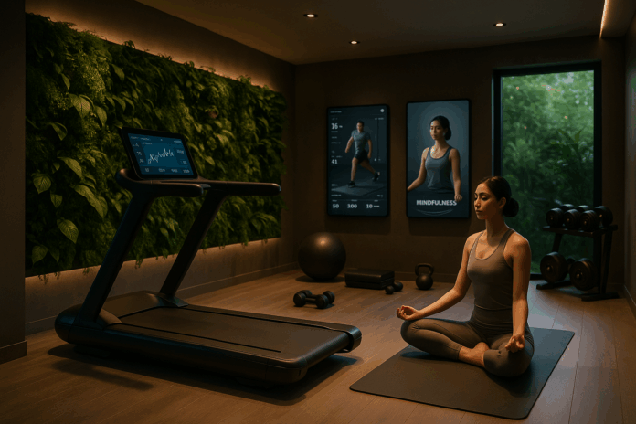 Modern home gym featuring smart fitness technology for holistic health.