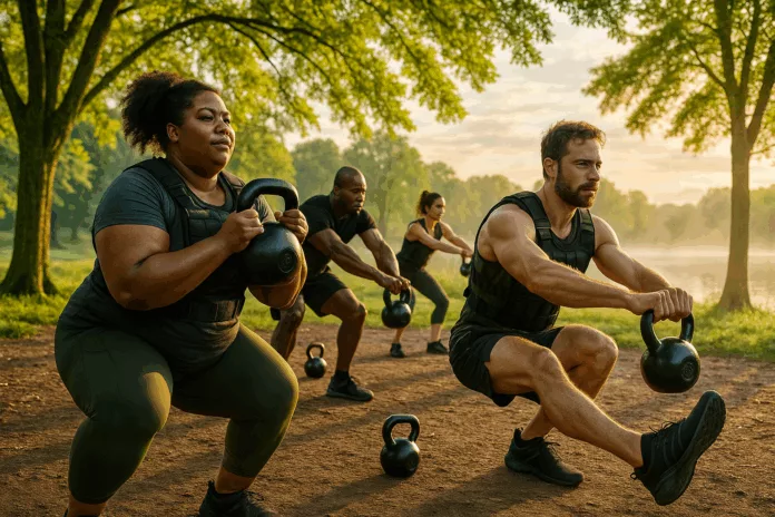 Fitness enthusiasts in a lush outdoor setting engaging in Zone 2 cardio workouts.