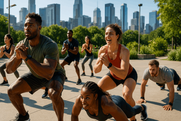 Group fitness HIIT workout with diverse participants in a vibrant urban setting.