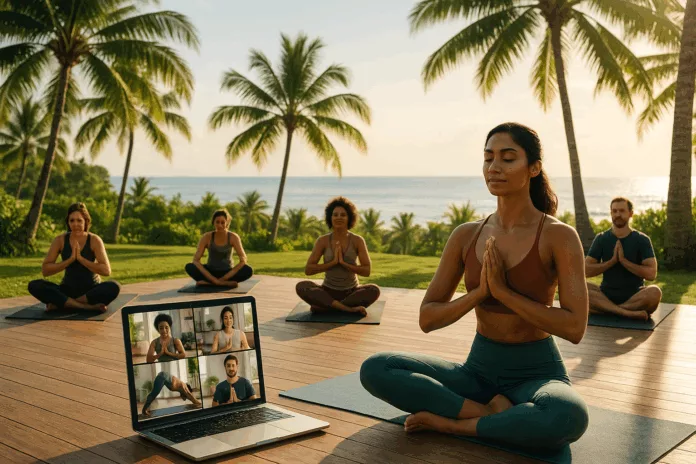 Live-streamed yoga class from Bali showcasing diverse participants practicing mindfulness.