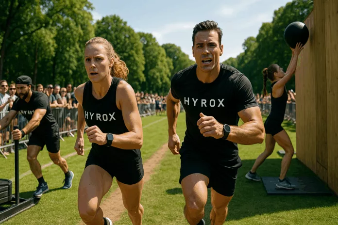 Participants running a Hyrox race in a vibrant outdoor community setting.