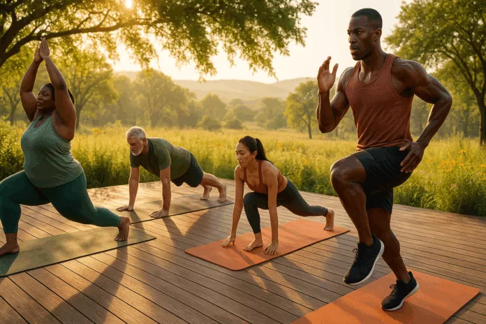 A diverse group practicing mindful fitness in a sunny outdoor setting.