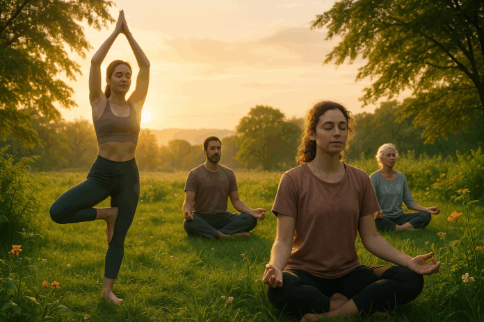 People practicing mindfulness in a peaceful outdoor setting in 2025.