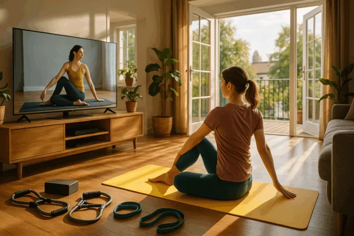 Vibrant fitness sanctuary in a modern living room with yoga class.