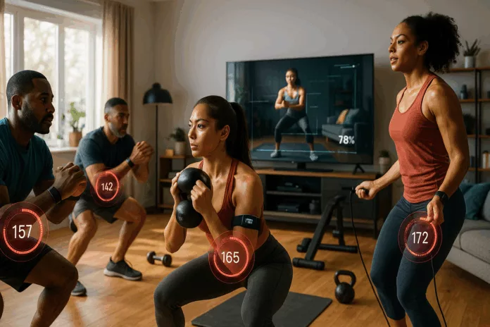 Diverse individuals engaged in a virtual fitness competition at home with wearable tech.