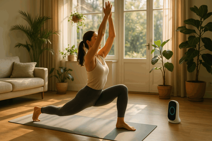 Woman practicing yoga at home integrating virtual workouts and mindfulness in 2025.
