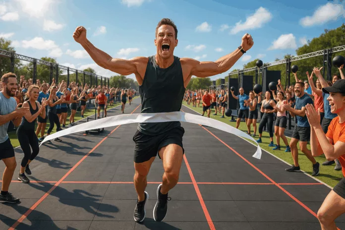 An athlete crosses the finish line in a hybrid race filled with vibrant colors and energetic spectators.