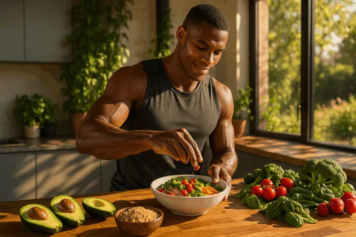 Athlete preparing colorful nutrient-dense meal in modern kitchen.
