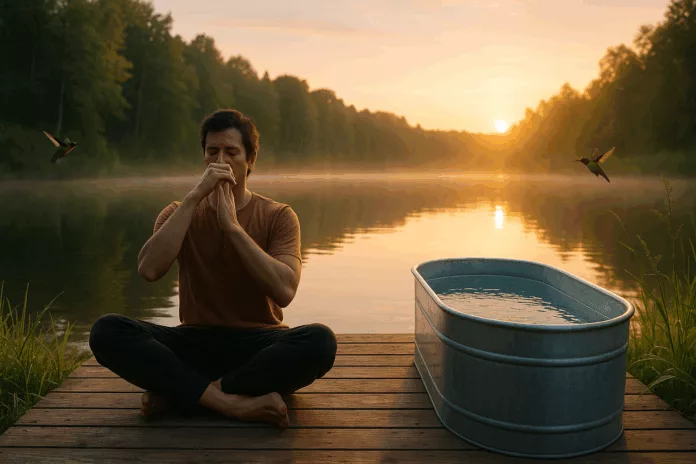 A person practicing breathwork at dawn by a serene water body.