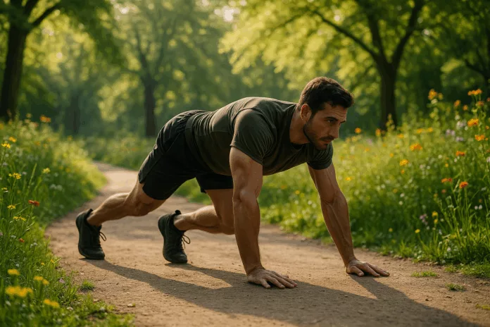 Fit individual bear crawling in sunlit park surrounded by greenery and wildflowers.