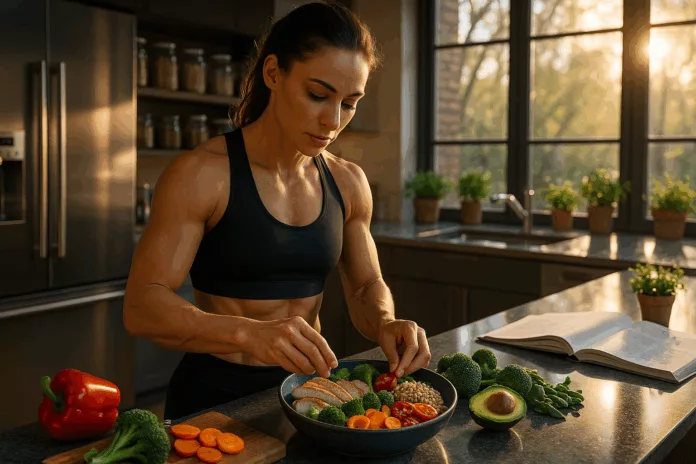 Fitness athlete prepping nutritious meal in modern kitchen, sunlight streaming.
