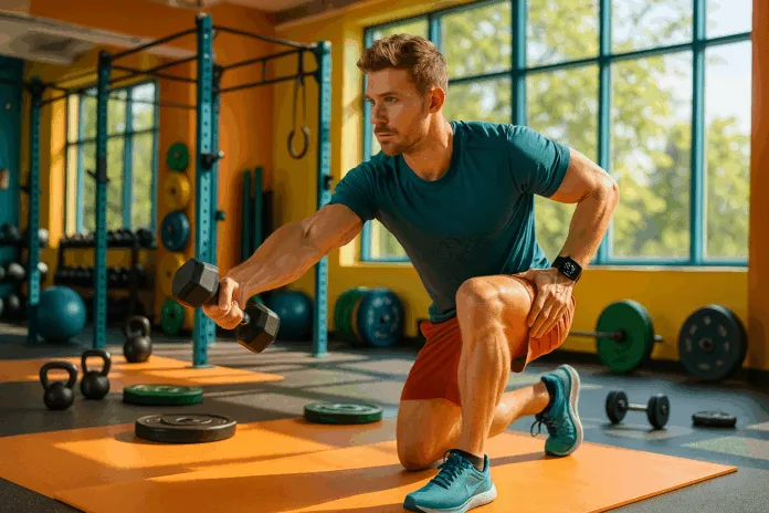 A fitness enthusiast in a bright gym performing functional exercises with workout equipment and a smartwatch.