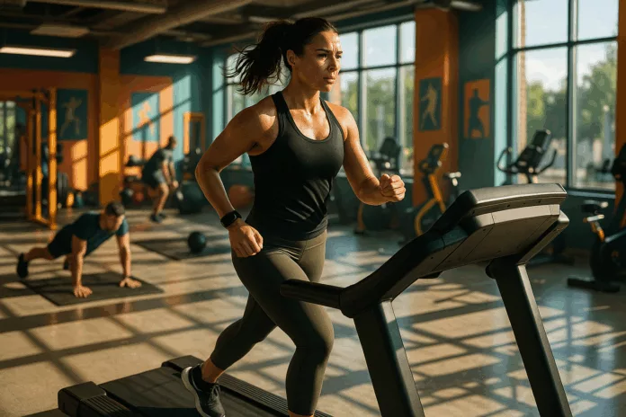 Dedicated fitness enthusiast walking on treadmill at steep incline in a vibrant gym.