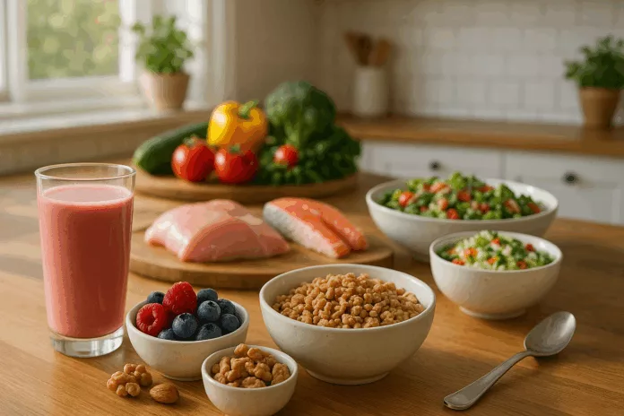 Colorful high-protein food arrangement in a bright kitchen