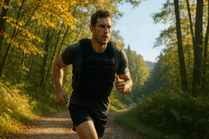 A jogger wearing a weighted vest on a forest trail, embodying fitness transformation.
