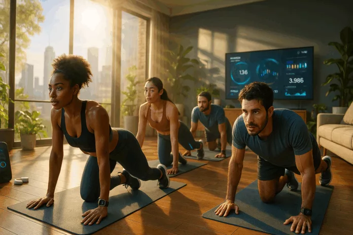 Vibrant fitness hub in a modern living room showcasing a virtual marathon atmosphere.