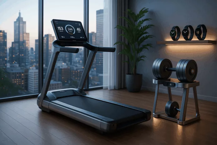Modern home gym with smart fitness equipment in a bright setting.