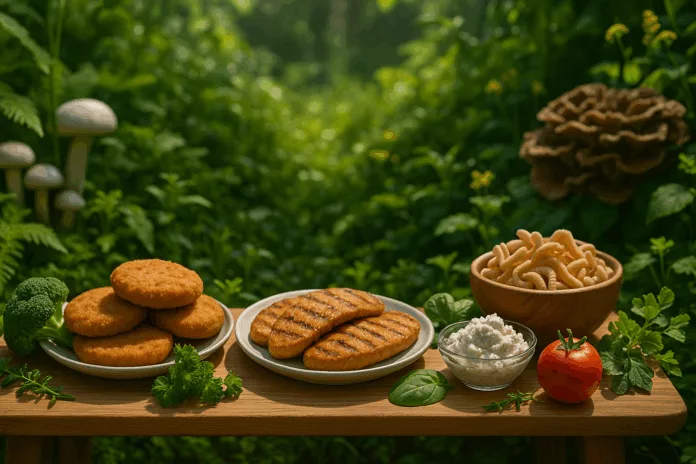 Vibrant landscape showcasing sustainable mycoprotein and fresh ingredients.
