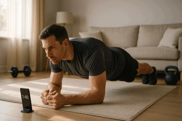 Individual performing a plank in a bright living room with fitness gear.
