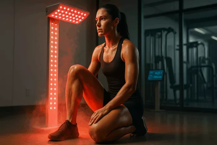 Sprinter under redlight therapy panel in studio focusing on muscle repair