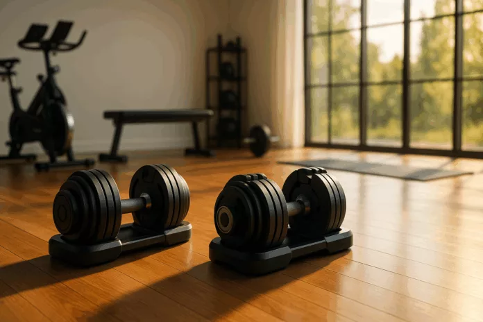 Modern home gym with adjustable dumbbells and fitness equipment.