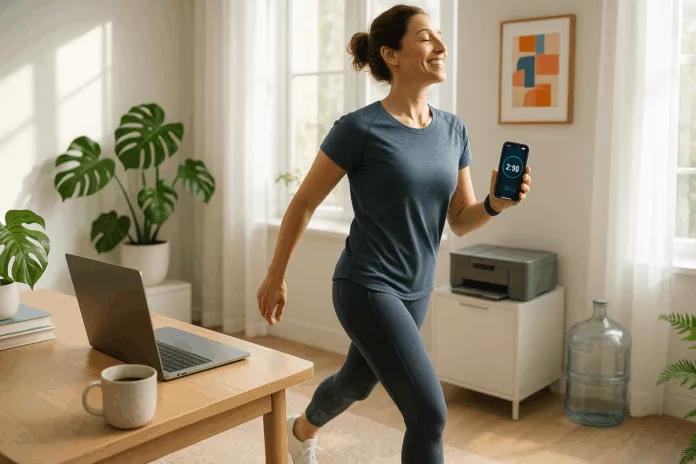 Woman doing a brisk two-minute walkburst in a modern home office boosting energy.
