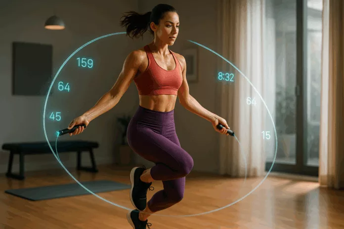 Woman skipping with LED smartrope in modern home gym with glowing digital numbers trailing behind cable