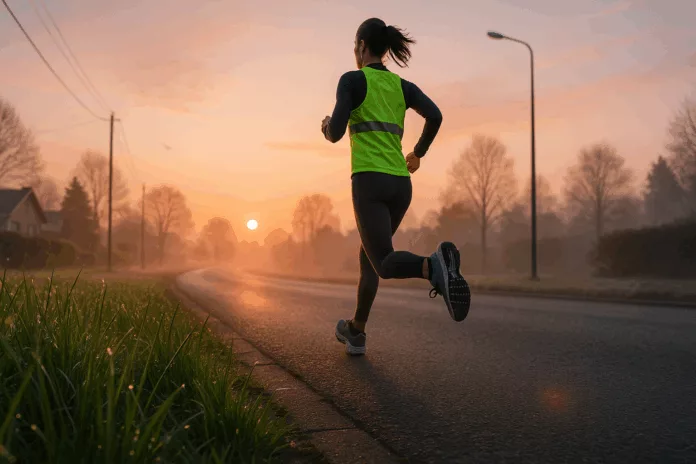 Runner in a reflective vest jogging at sunrise along a dew-kissed suburban street