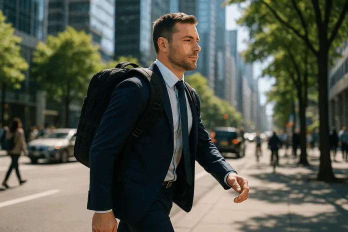 Person ruck commuting with a weighted backpack in a vibrant city