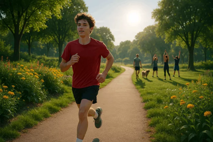 A young person jogging on a picturesque trail surrounded by greenery and flowers, embodying physical fitness and integrating fitness into their daily life.